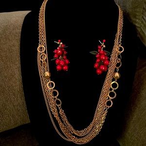 Multi Chain Gold Tone Necklace with Red Earrings Jewelry Set